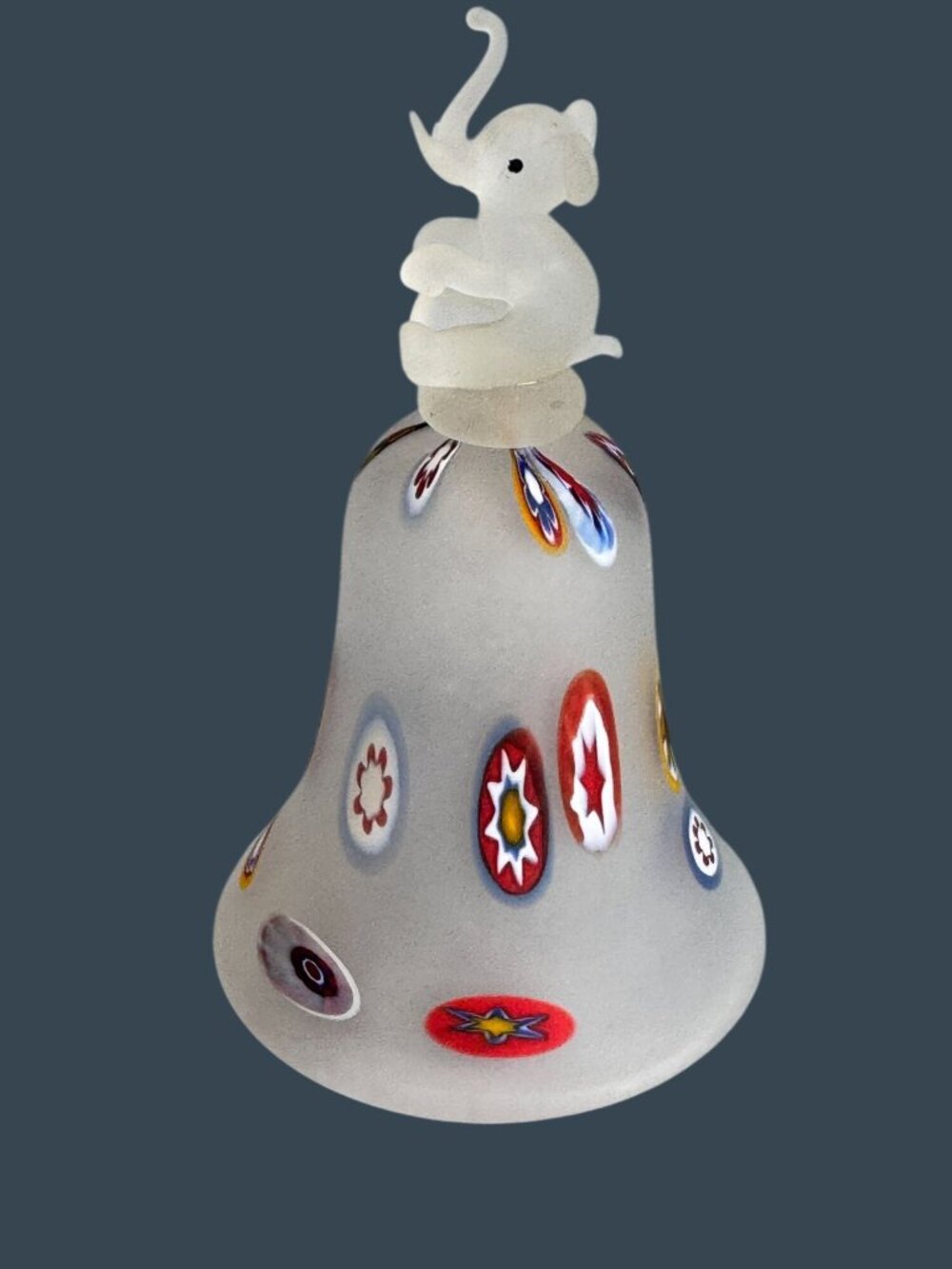 Vintage Frosted Art Glass Bell Millefiori Elephant Finial Hand Blown 5¼" Tusk Ch - Picture 2 of 9